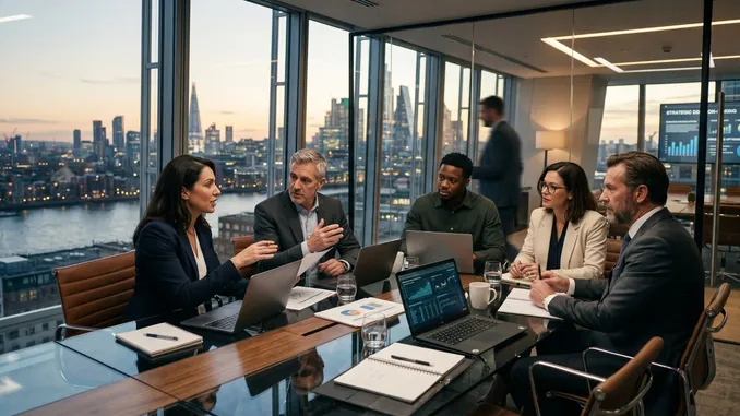 Team meeting around a conference table with a city view
