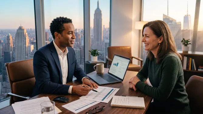 Advisor and client talking across a desk with the Manhattan skyline behind them