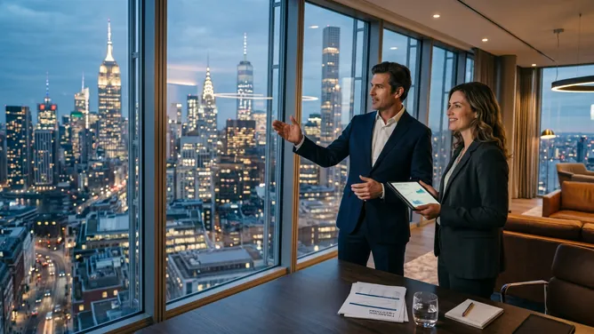 Two colleagues reviewing a tablet by an office window at night