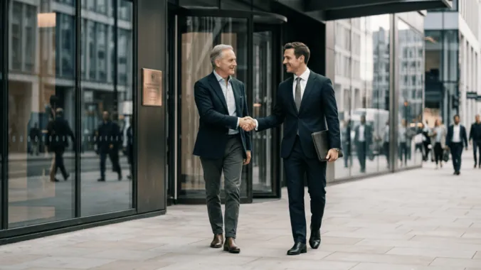 Two businessmen shaking hands outside an office building