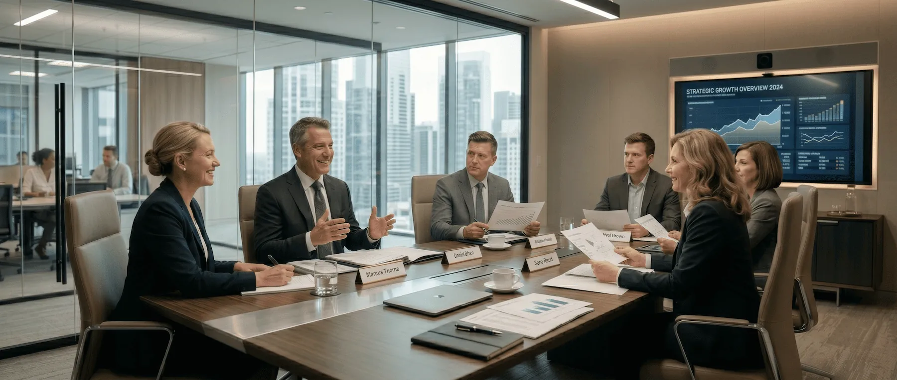 Executives meeting in a glass conference room