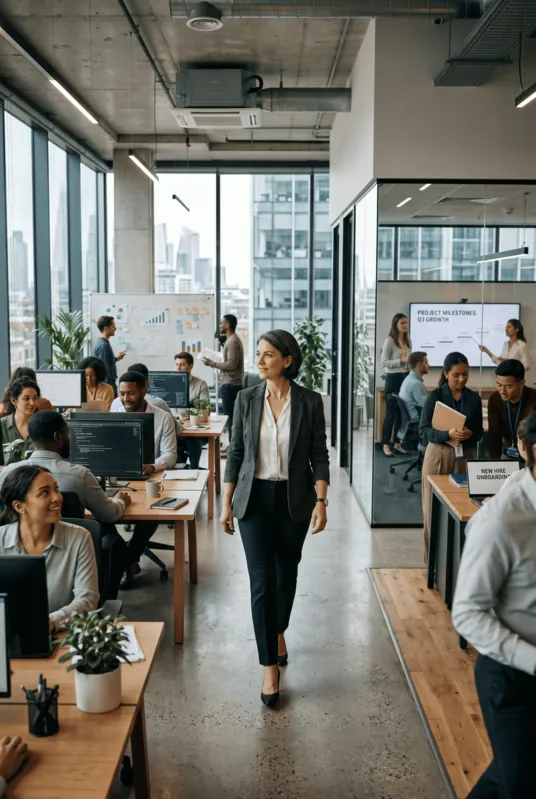 Manager walking through a busy open-plan office