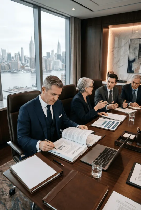Business owners reviewing documents around a conference table