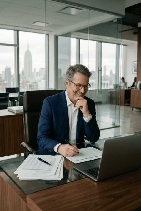 Business owner reviewing paperwork at his desk