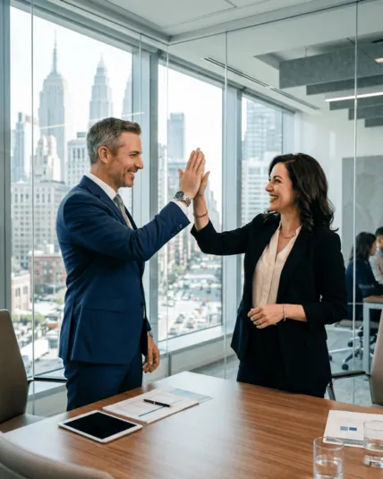 Two colleagues giving a high five by an office window