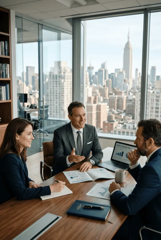 Three colleagues meeting at a table with the Empire State Building in view