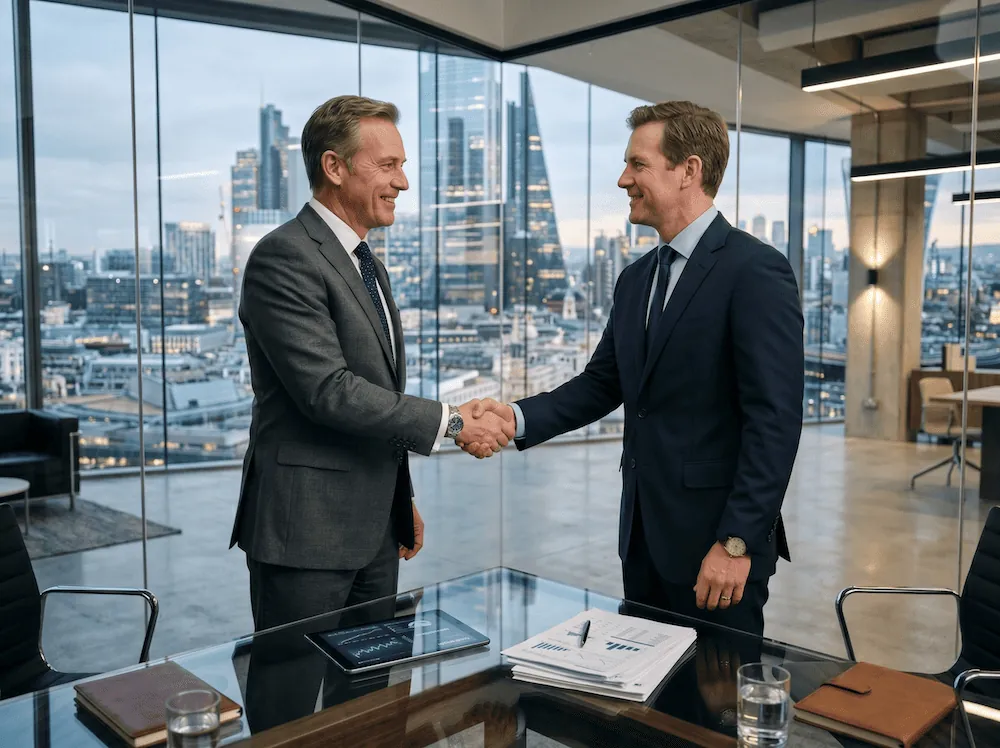 Two businessmen shaking hands in an office with a city view