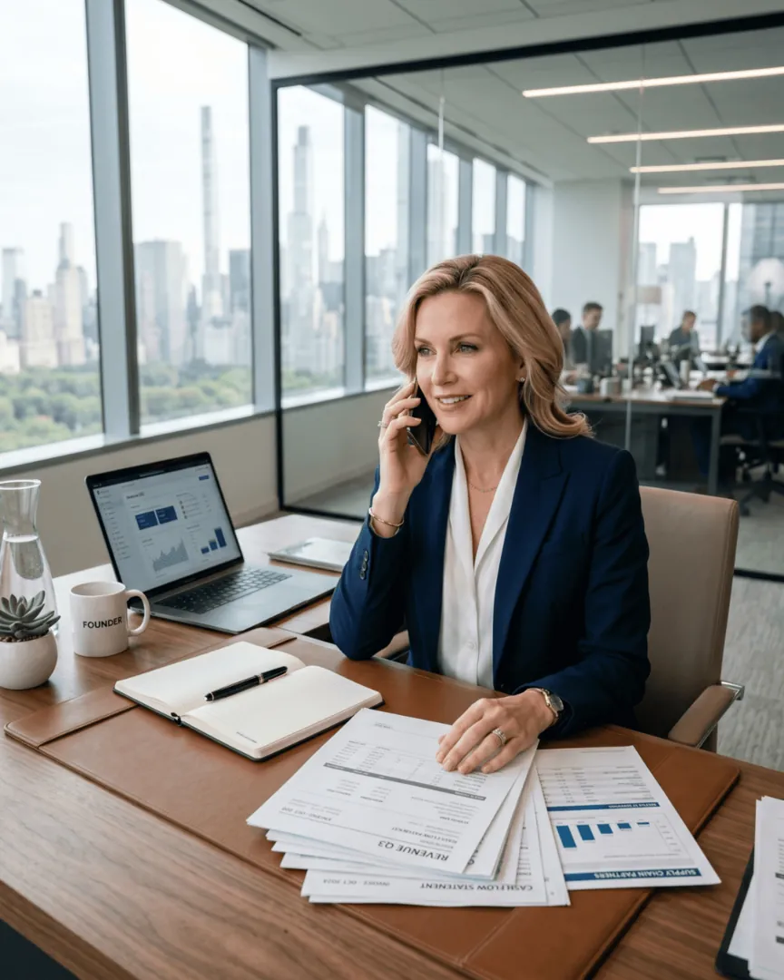 Businesswoman on the phone at her desk with financial reports