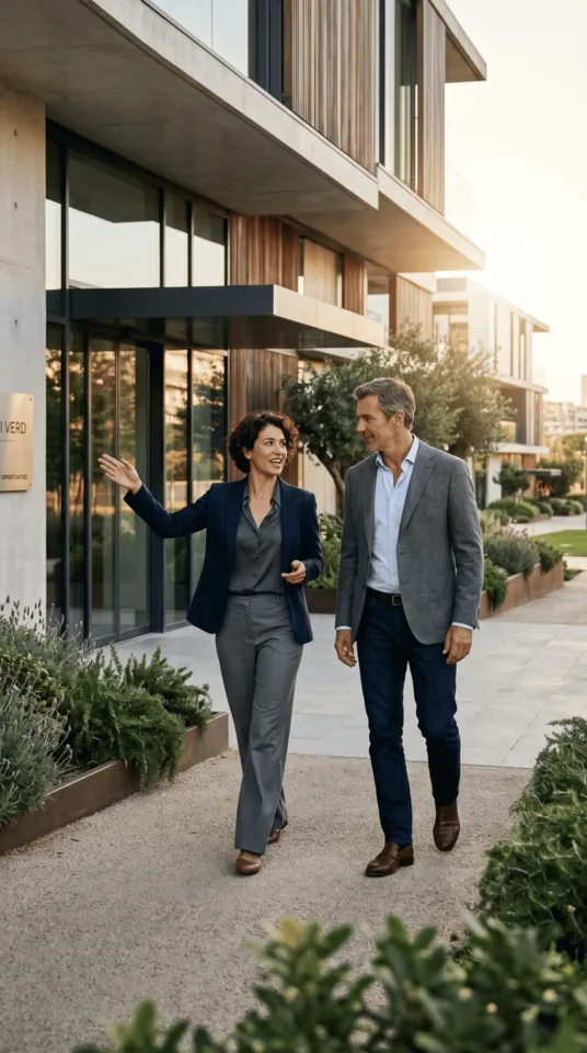 Two professionals walking outside a modern commercial building