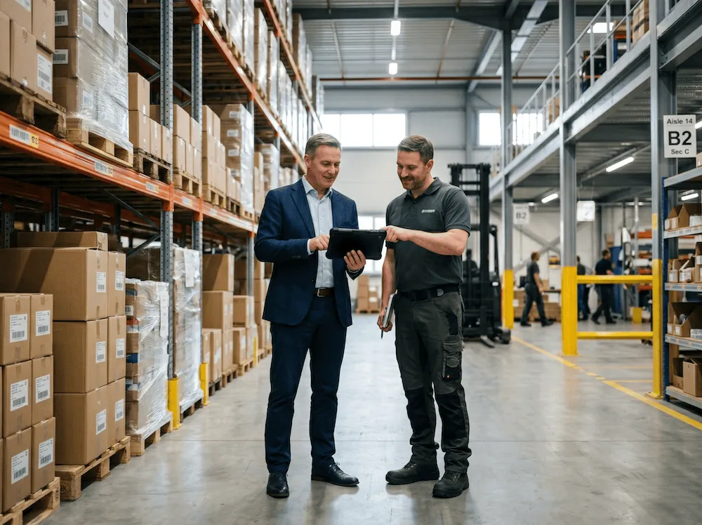 Owner and manager checking a tablet in a stocked warehouse