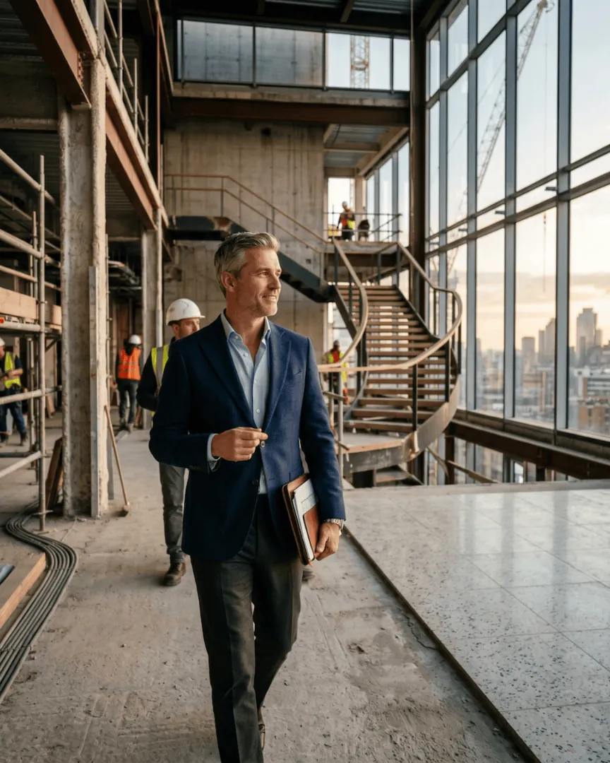 Developer walking through a building under construction