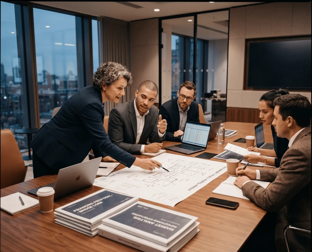 Team reviewing property plans at a conference table