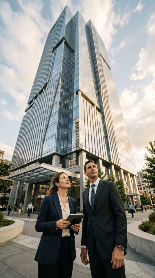 Two investors standing in front of a glass office tower