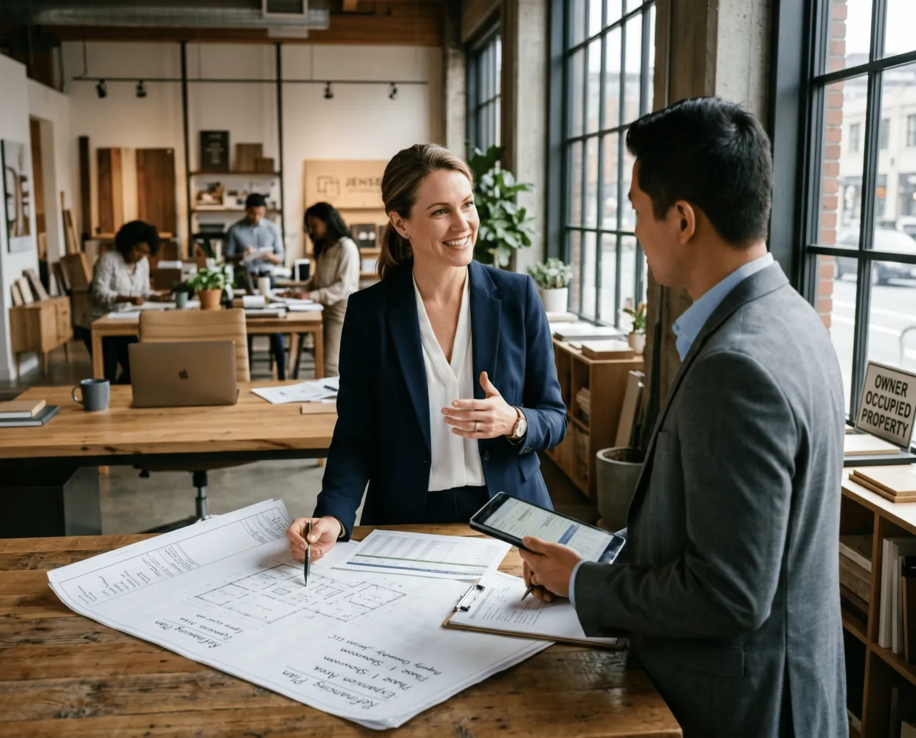 Business owner reviewing floor plans with an advisor
