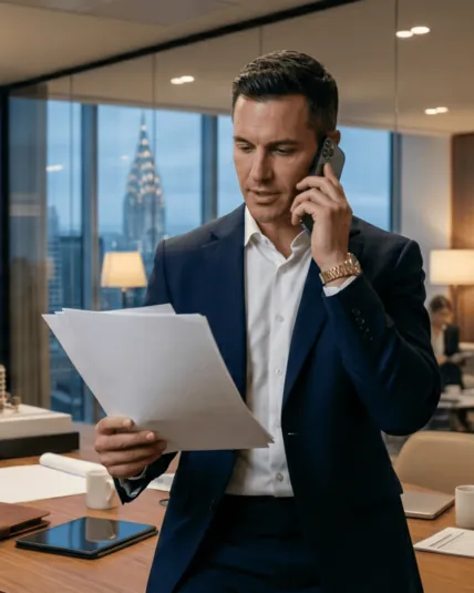 Investor reading loan documents while on a phone call