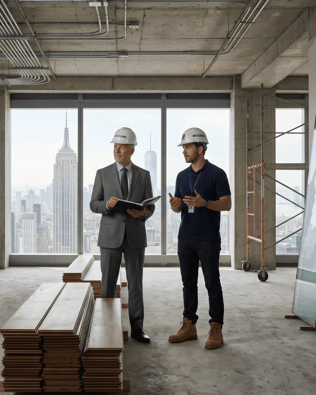 Two men in hard hats inspecting a building under construction in Manhattan