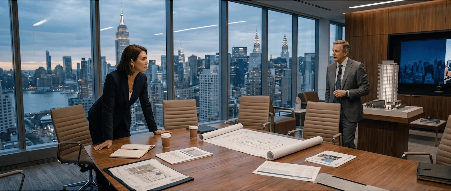 Real estate investors meeting in a boardroom at dusk