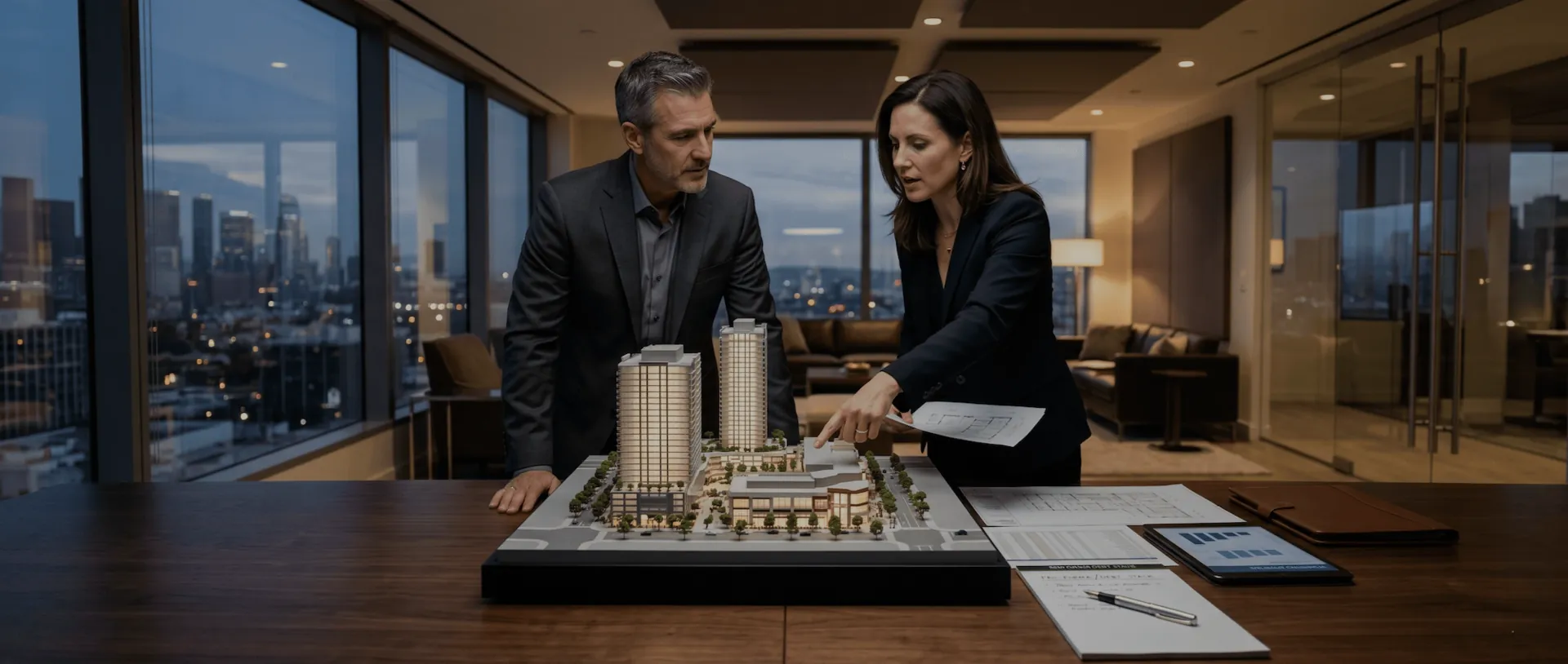 Two investors reviewing an architectural model of a property
