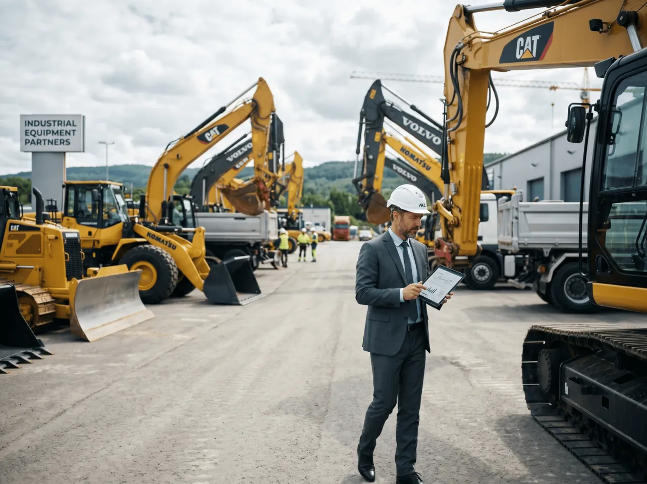 Site manager with a clipboard beside yellow excavators