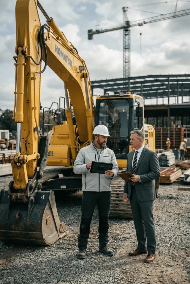 Contractor and advisor standing in front of an excavator on a job site