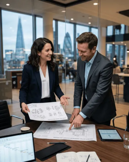 Two colleagues reviewing blueprints at a table