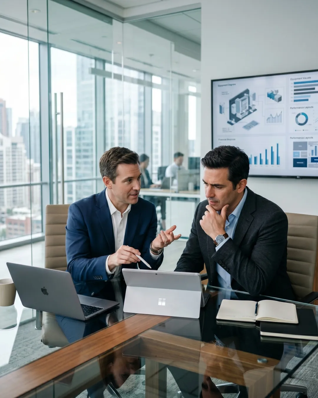 Two businessmen discussing equipment costs at a desk