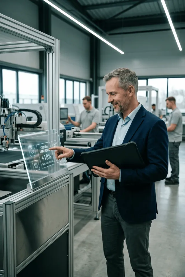 Manager inspecting machines on a modern factory floor