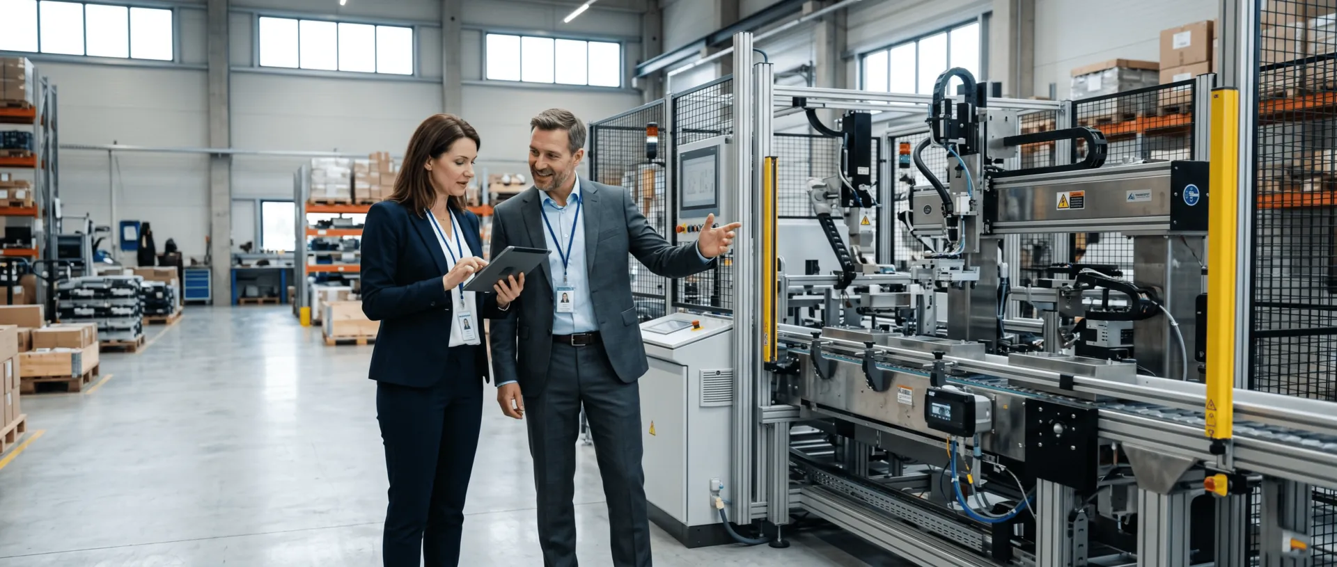 Two managers walking past automated production equipment