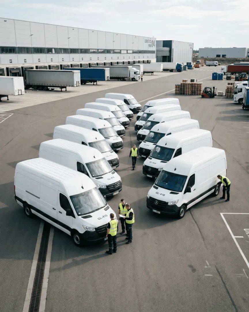 Row of white commercial delivery vans in a fleet lot