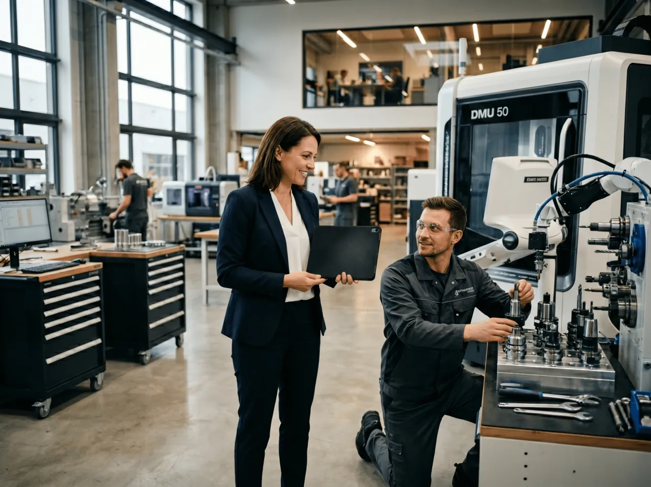 Business owner and technician beside a CNC machine