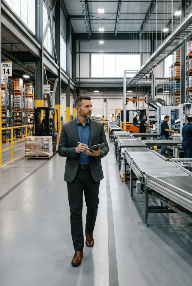 Manager walking through a factory with conveyor lines