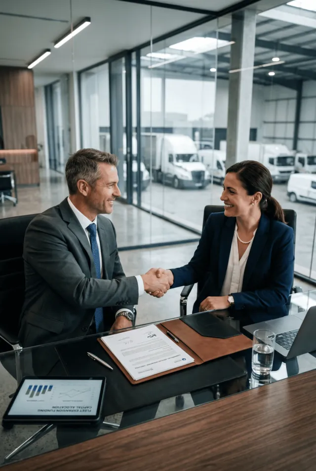 Business owners shaking hands over a desk with delivery vans in the warehouse behind