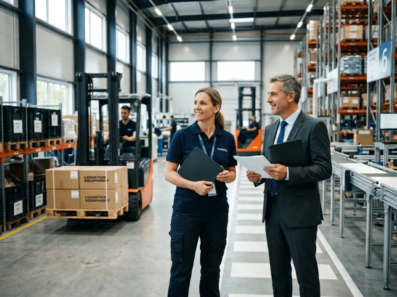 Warehouse manager and worker beside a forklift