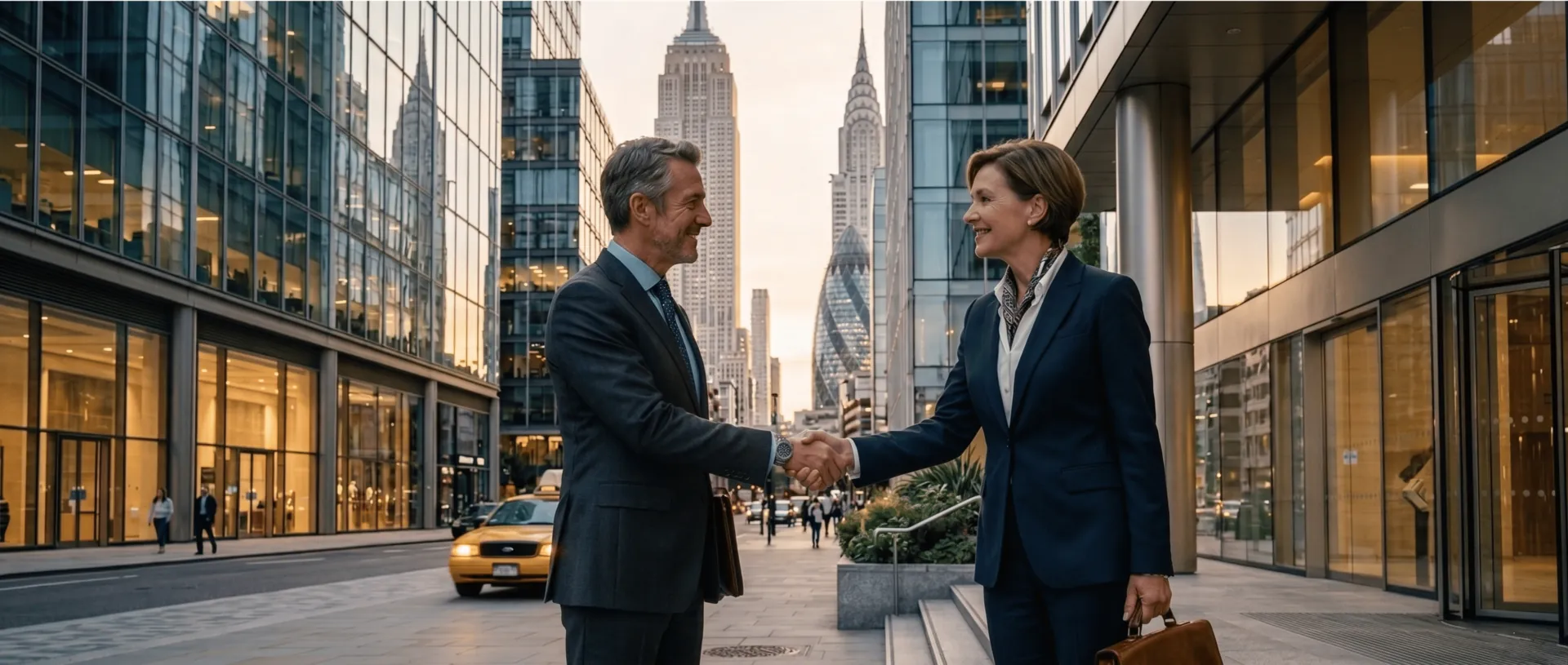 Two professionals shaking hands on a city street