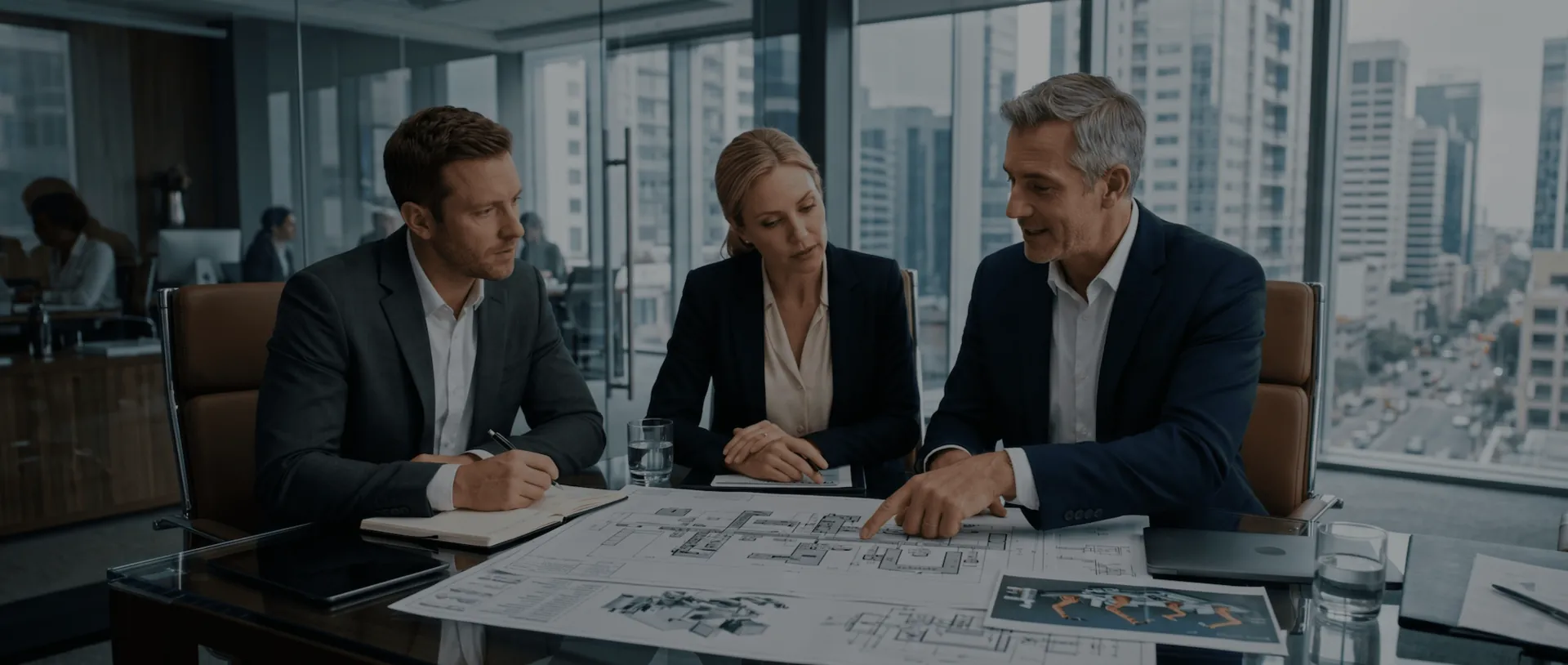 Three colleagues reviewing plans at a desk with a city view