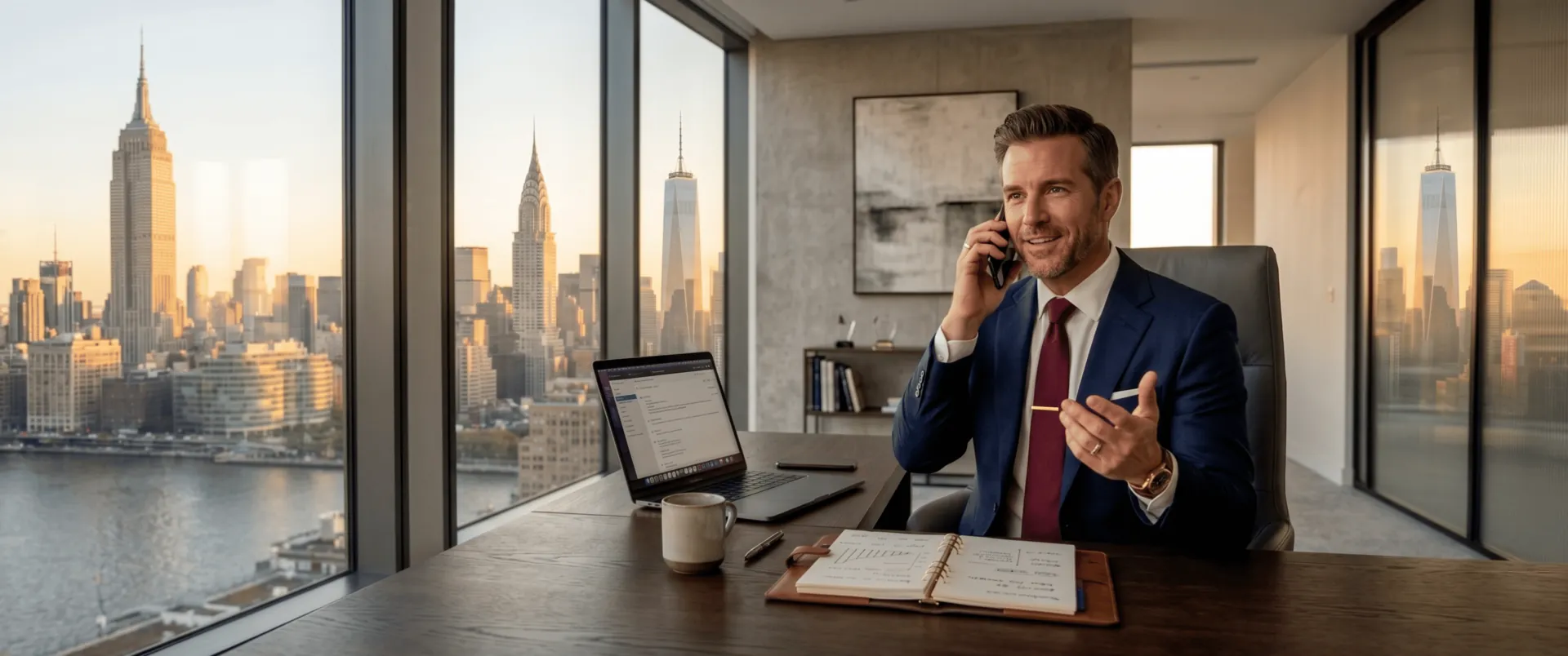 Business owner on a call at his desk overlooking Manhattan