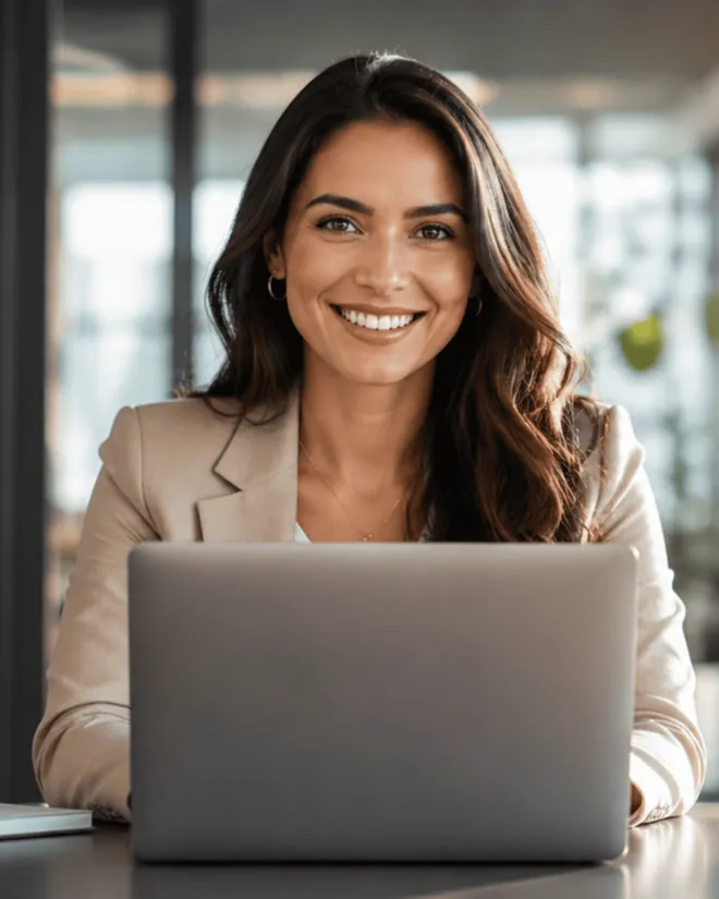 Smiling business owner filling out an application on her laptop