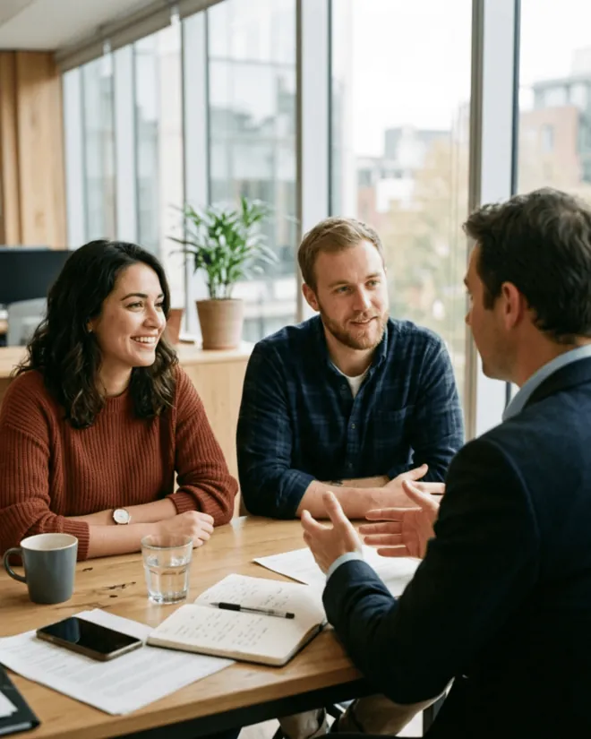 Advisor reviewing options with two clients at a table