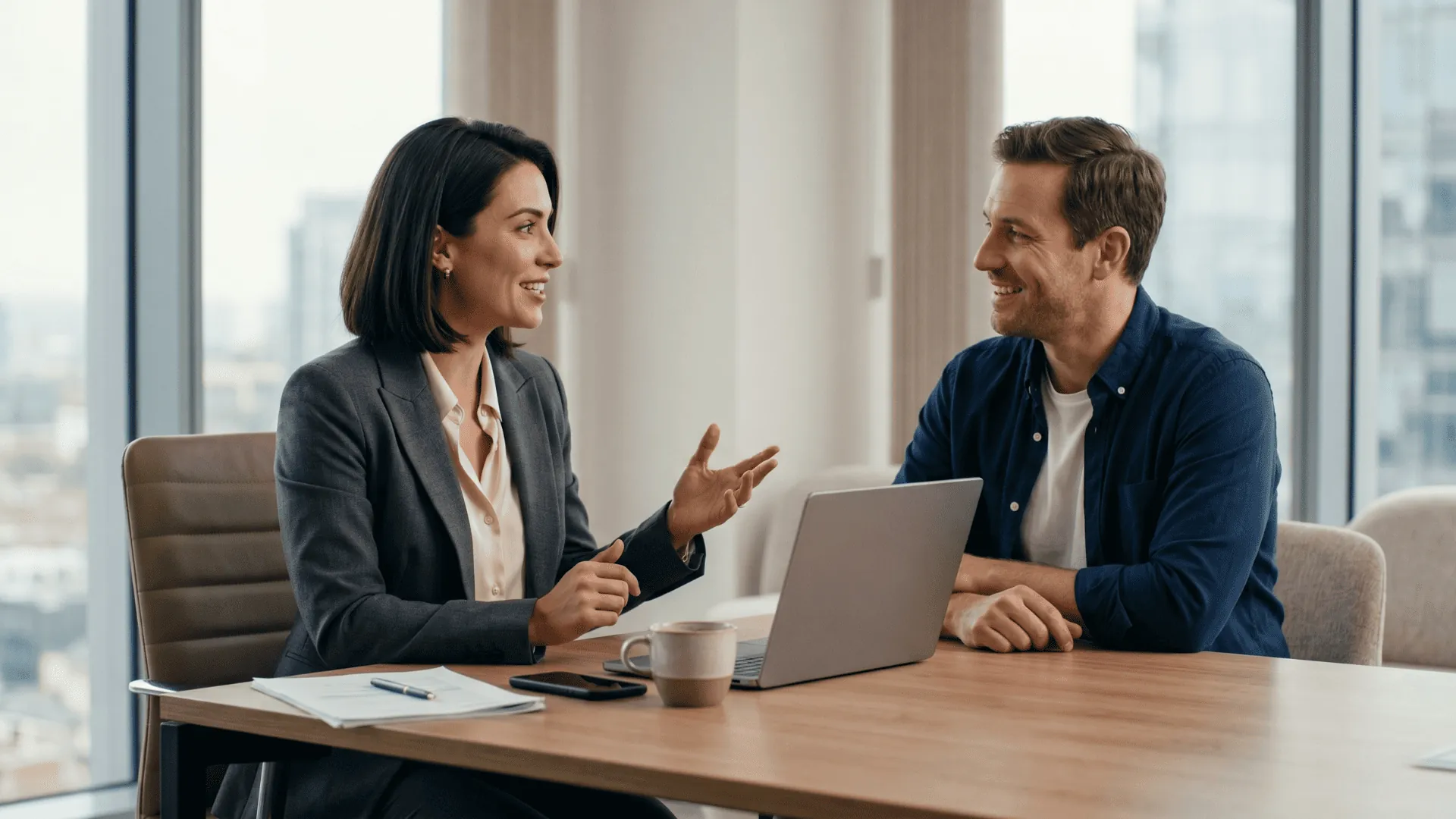 Advisor and client talking across a desk