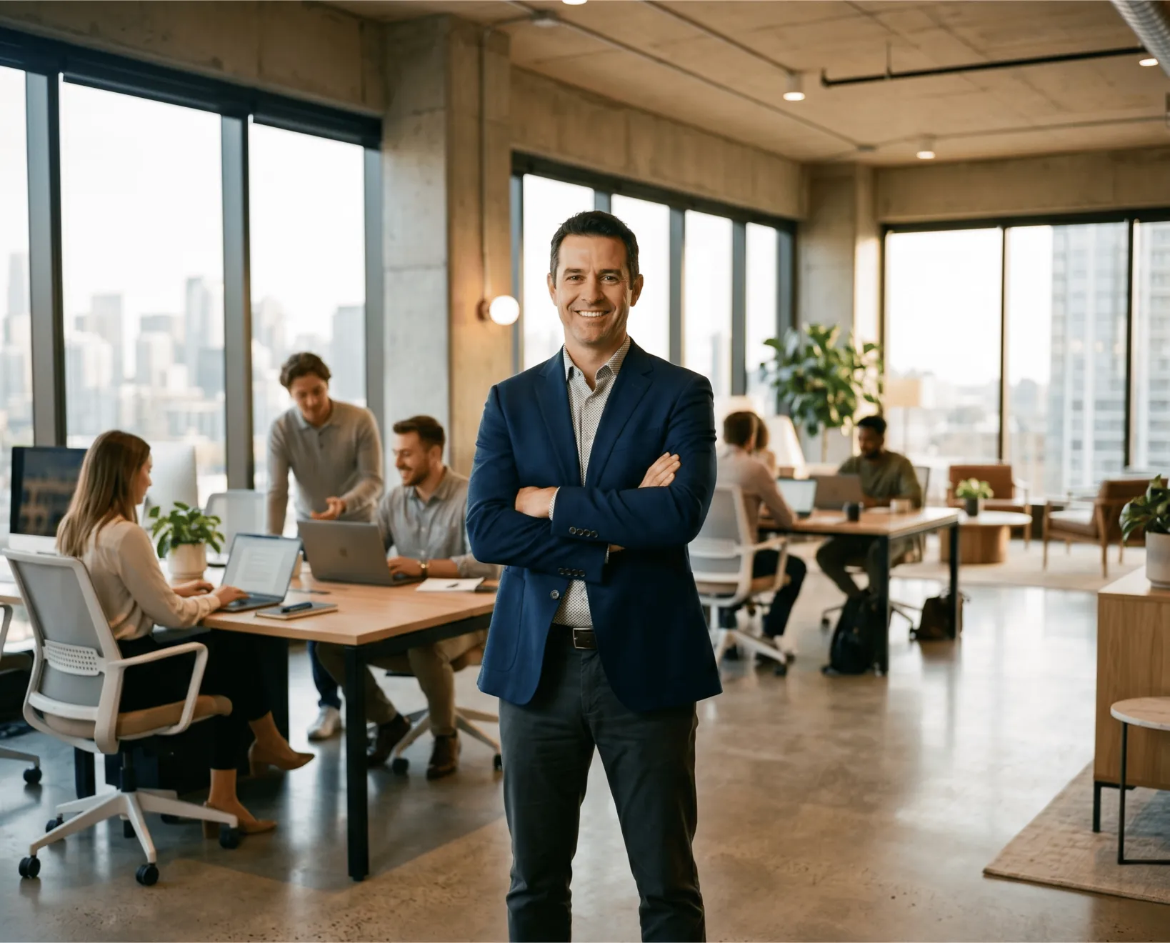Business owner standing in his busy open-plan office