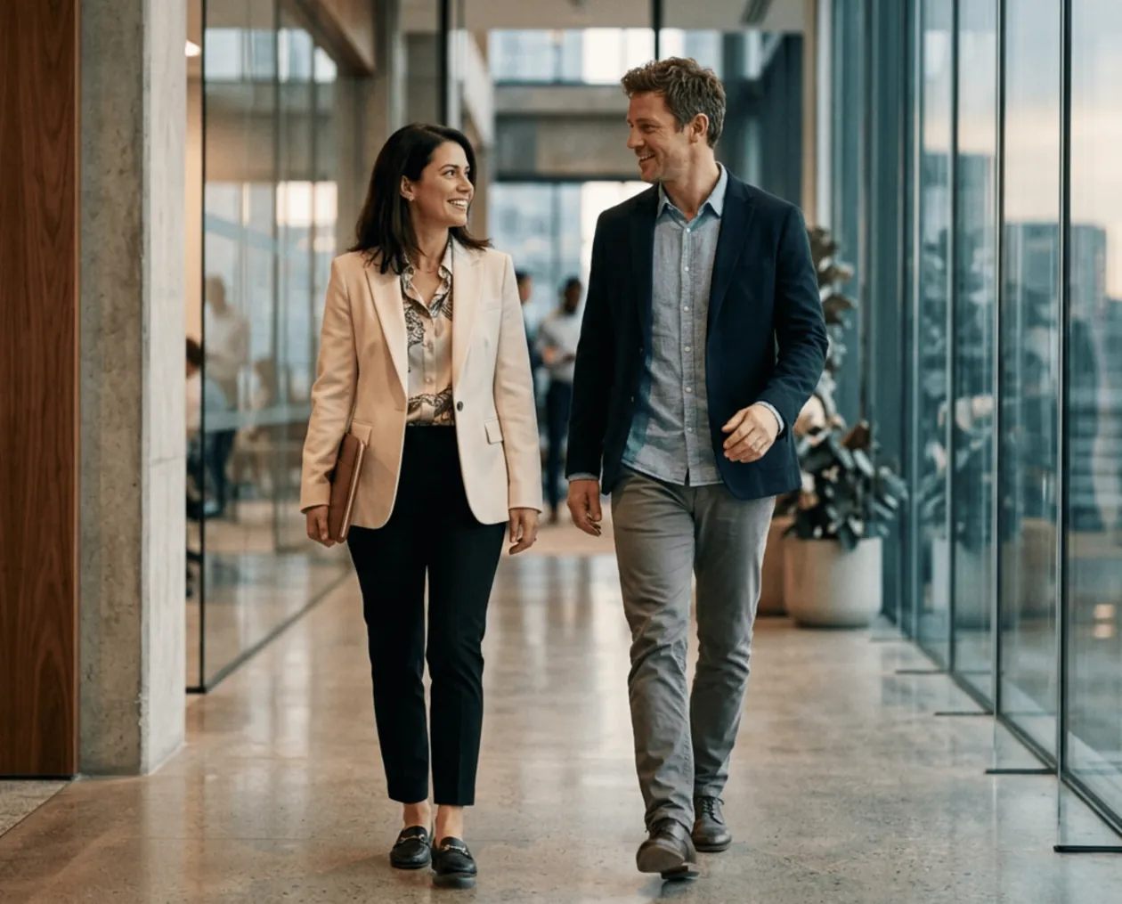 Two professionals walking through an office lobby