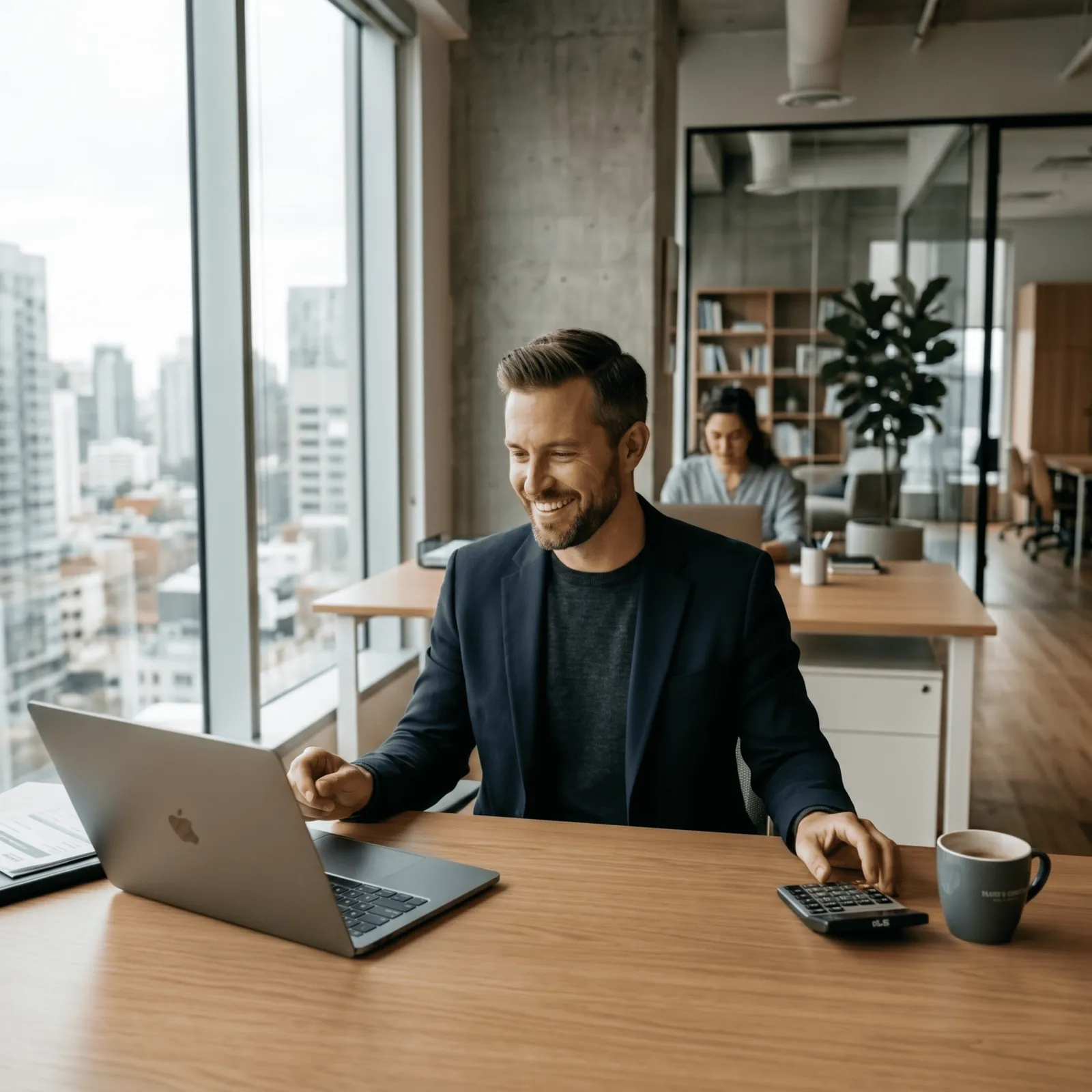 Business owner smiling at his laptop in a bright office