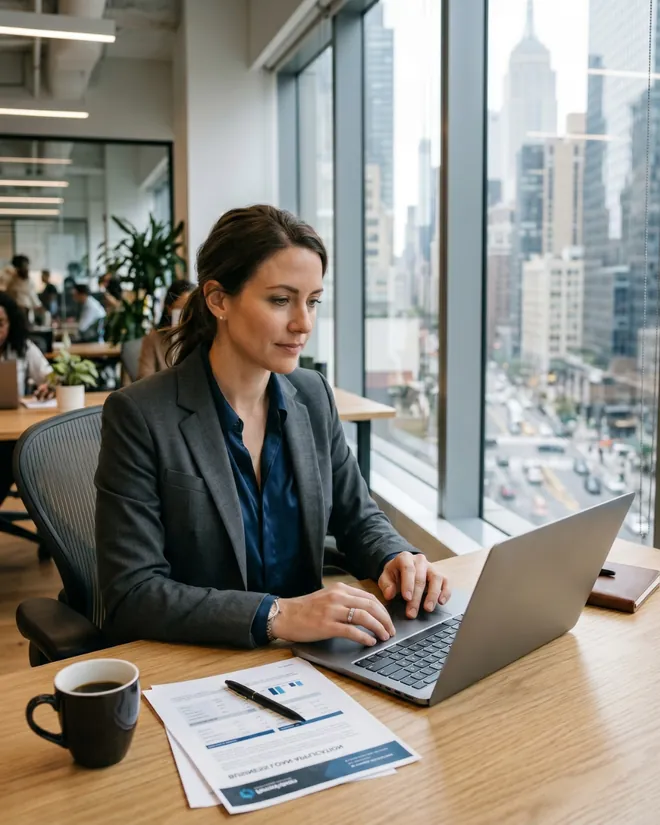 Business owner comparing funding options on her laptop
