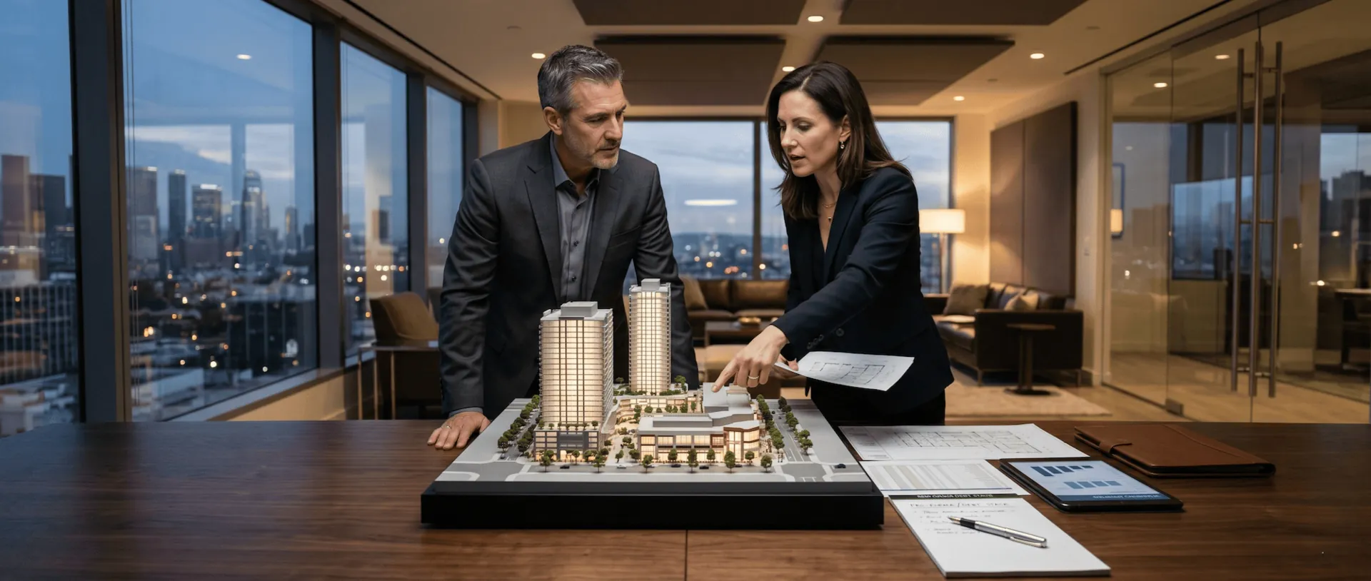 Two investors reviewing an architectural model of a property