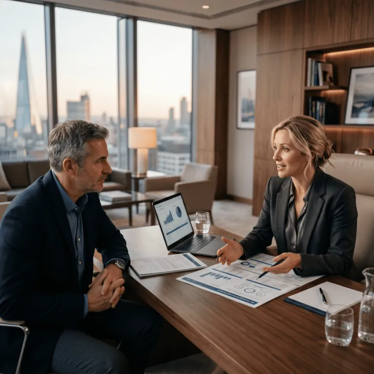 Advisor and client reviewing papers at a table