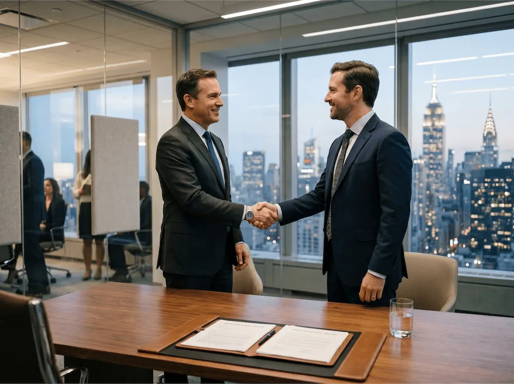 Buyer and seller shaking hands on a business acquisition