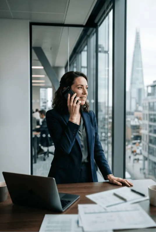 Business owner on the phone by an office window