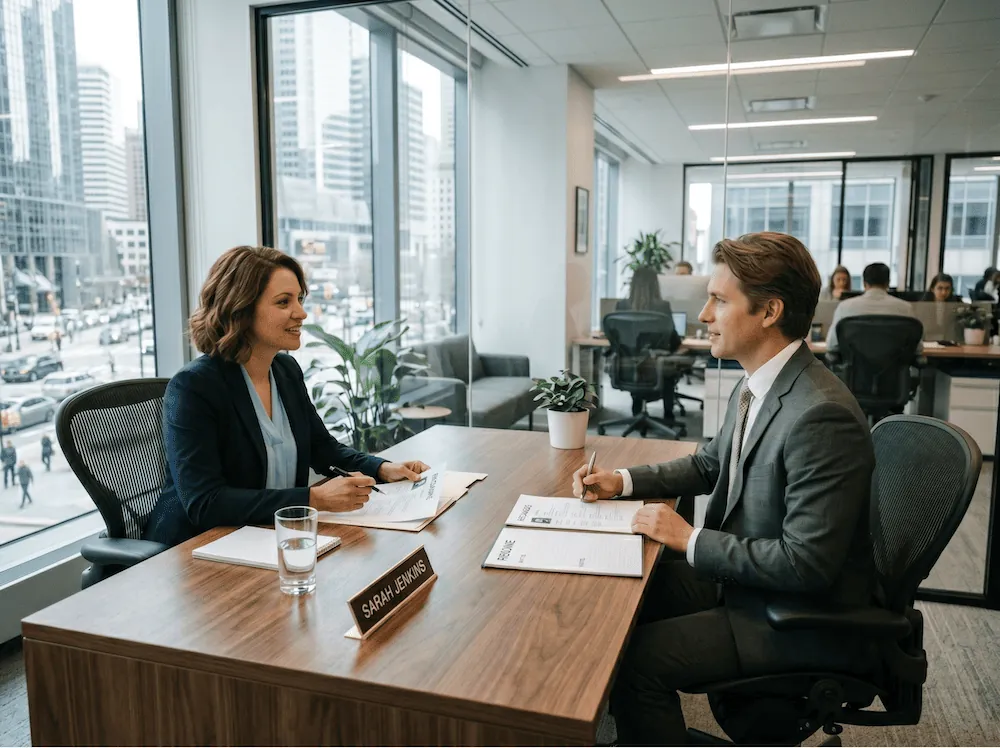 Business owner and advisor meeting across a desk