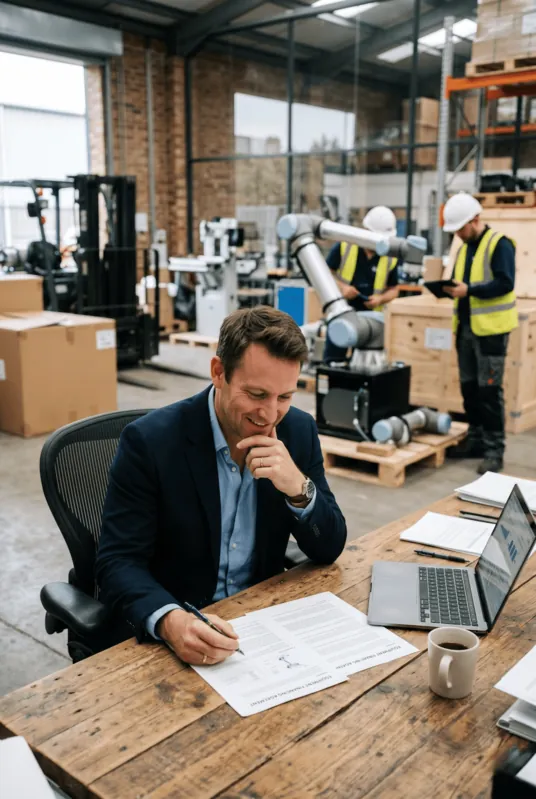 Machine shop owner reviewing loan papers at his desk