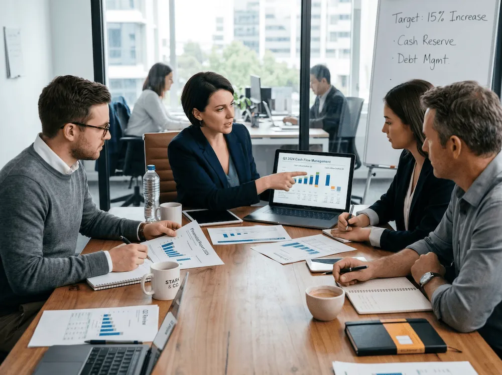 Team reviewing cash flow charts at a table